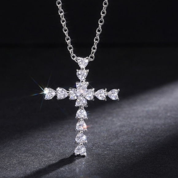 CZ Cross Pendant Silver Necklace - Picture 5 of 5